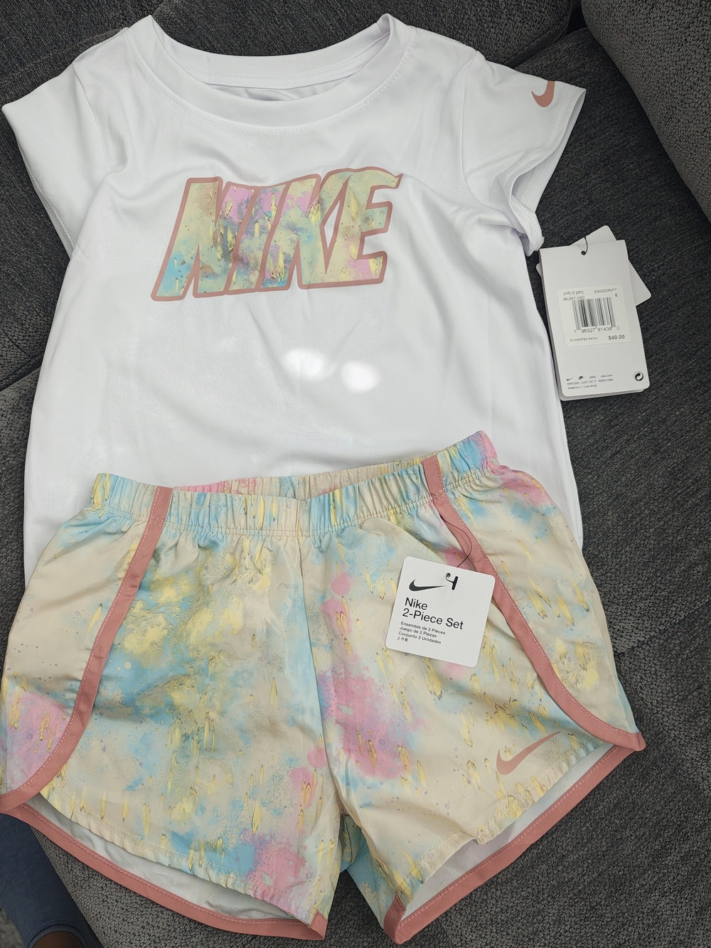 Nike Girls' White and Pastel Paint-Print Shorts Set Size 6